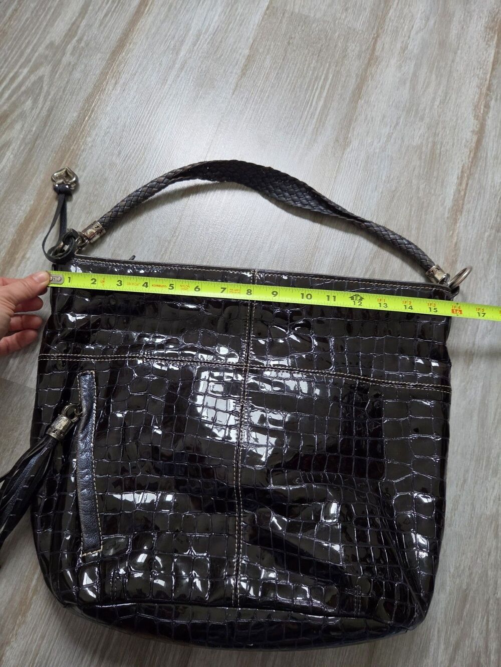 Brighton Cher Black Patent Croc Embossed Large Shoulder Bag Tassel Purse GUC - Picture 10 of 12